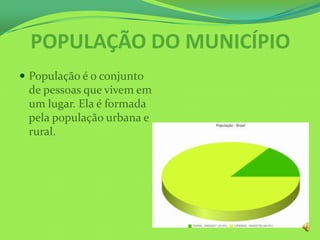 POPULAÇÃO DO MUNICÍPIO
 População é o conjunto
de pessoas que vivem em
um lugar. Ela é formada
pela população urbana e
rural.
 