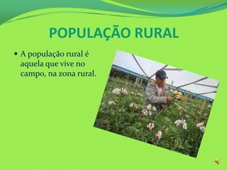 POPULAÇÃO RURAL
 A população rural é
aquela que vive no
campo, na zona rural.
 