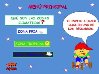 ZONA FRIA ZONA TROPICAL ZONA TEMPLADA ¿ QUÉ SON LAS ZONAS CLIMATICAS TE INVITO A HACER CLICK EN UNO DE LOS  RECUADROS .  MENÚ PRINCIPAL . 