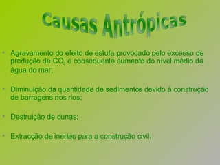 Agravamento do efeito de estufa provocado pelo excesso de produção de CO 2  e consequente aumento do nível médio da água do mar; Diminuição da quantidade de sedimentos devido à construção de barragens nos rios; Destruição de dunas; Extracção de inertes para a construção civil. Causas Antrópicas 