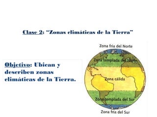 Clase 2: “Zonas climáticas de la Tierra”
Objetivo: Ubican y
describen zonas
climáticas de la Tierra.
 