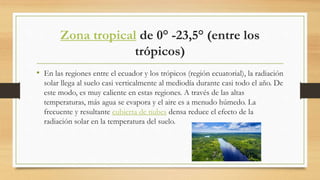 Zona tropical de 0° -23,5° (entre los
trópicos)
• En las regiones entre el ecuador y los trópicos (región ecuatorial), la radiación
solar llega al suelo casi verticalmente al mediodía durante casi todo el año. De
este modo, es muy caliente en estas regiones. A través de las altas
temperaturas, más agua se evapora y el aire es a menudo húmedo. La
frecuente y resultante cubierta de nubes densa reduce el efecto de la
radiación solar en la temperatura del suelo.
 