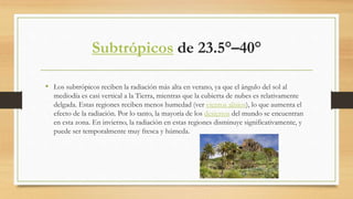 Subtrópicos de 23.5°–40°
• Los subtrópicos reciben la radiación más alta en verano, ya que el ángulo del sol al
mediodía es casi vertical a la Tierra, mientras que la cubierta de nubes es relativamente
delgada. Estas regiones reciben menos humedad (ver vientos alisios), lo que aumenta el
efecto de la radiación. Por lo tanto, la mayoría de los desiertos del mundo se encuentran
en esta zona. En invierno, la radiación en estas regiones disminuye significativamente, y
puede ser temporalmente muy fresca y húmeda.
 