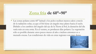 Zona fría de 60°–90°
• Las zonas polares entre 60° latitud y los polos reciben menos calor a través
de la radiación solar, ya que el Sol tiene un ángulo muy plano hacia el suelo.
Debido a los cambios del ángulo del eje de la Tierra al Sol, la duración del día
varía más en esta zona. En el verano, se producen días polares. La vegetación
sólo es posible durante unos pocos meses al año e incluso entonces es a
menudo escasa. Las condiciones de vida en estas regiones son muy duras.
 