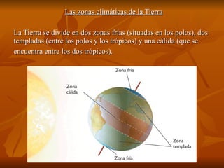 Las zonas climáticas de la Tierra La Tierra se divide en dos zonas frías (situadas en los polos), dos templadas (entre los polos y los trópicos) y una cálida (que se encuentra entre los dos trópicos).   