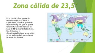 Zona cálida de 23,5°
Es el tipo de clima que se da
entre los trópicos (Cáncer y
Capricornio), hasta 14 grados de
latitud norte y sur, y en el que la
temperatura media mensual no
baja de 18°C durante todo el año.
Por definición, el
clima tropical todavía se caracteri
za por su humedad, que refuerza
la sensación de calor.
 