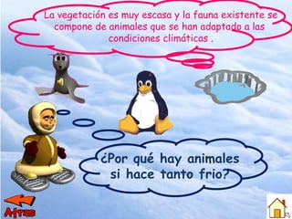 ¿Por qué hay animales si hace tanto frio? La vegetación es muy escasa y la fauna existente se compone de animales que se han adaptado a las  condiciones climáticas . 