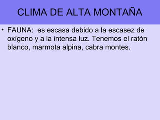 CLIMA DE ALTA MONTAÑA FAUNA:  es escasa debido a la escasez de oxígeno y a la intensa luz. Tenemos el ratón blanco, marmota alpina, cabra montes. FAUNA:  es escasa debido a la escasez de oxígeno y a la intensa luz. Tenemos el ratón blanco, marmota alpina, cabra montes. FAUNA:  es escasa debido a la escasez de oxígeno y a la intensa luz. Tenemos el ratón blanco, marmota alpina, cabra montes. FAUNA:  es escasa debido a la escasez de oxígeno y a la intensa luz. Tenemos el ratón blanco, marmota alpina, cabra montes. 