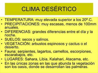 CLIMA DESÉRTICO TEMPERATURA: muy elevada superior a los 20º.C. PRECIPITACIONES: muy escasas, menos de 100mm anuales. DIFERENCIAS: grandes diferencias entre el día y la noche. SUELOS: secos y salinos. VEGETACIÓN: arbustos espinosos y cactus o el desierto. Fauna: serpientes, lagartos, camellos, escorpiones, escarabajos, etc. LUGARES: Sahara, Libia, Kalahari, Atacama, etc. En las únicas zonas en las que abunda la vegetación son los oasis, donde se desarrollan las palmeras.  