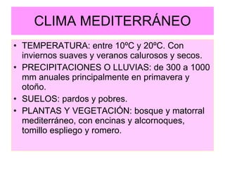 CLIMA MEDITERRÁNEO TEMPERATURA: entre 10ºC y 20ºC. Con inviernos suaves y veranos calurosos y secos. PRECIPITACIONES O LLUVIAS: de 300 a 1000 mm anuales principalmente en primavera y otoño. SUELOS: pardos y pobres. PLANTAS Y VEGETACIÓN: bosque y matorral mediterráneo, con encinas y alcornoques, tomillo espliego y romero. 