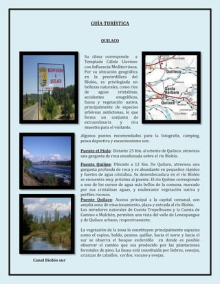 GUÍA TURÍSTICA


                              QUILACO


                     Su clima corresponde         a
                     Templado Cálido Lluvioso
                     con Influencia Mediterránea.
                     Por su ubicación geográfica
                     en la precordillera del
                     Bíobío, es privilegiada en
                     bellezas naturales, como ríos
                     de      aguas     cristalinas,
                     accidentes       orográficos,
                     fauna y vegetación nativa,
                     principalmente de especies
                     arbóreas autóctonas, lo que
                     forma un conjunto de
                     extraordinaria      y      rica
                     muestra para el visitante.
                   Algunos puntos recomendados para la fotografía, camping,
                   pesca deportiva y excursionismo son:

                   Puente el Piulo: Distante 25 Km. al oriente de Quilaco, atraviesa
                   una garganta de roca encañonada sobre el río Bíobío.
                   Puente Quilme: Ubicado a 12 Km. De Quilaco, atraviesa una
                   garganta profunda de roca y es abundante en pequeños rápidos
                   y fuertes de agua cristalina. Su desembocadura en el río Bíobío
                   se encuentra muy próxima al puente. El río Quilme corresponde
                   a uno de los cursos de agua más bellos de la comuna, marcado
                   por sus cristalinas aguas, y exuberante vegetación nativa y
                   perfiles rocosos.
                   Puente Quilaco: Acceso principal a la capital comunal, con
                   amplia zona de estacionamiento, playa y entrada al río Bíobío.
                   Los miradores naturales de Cuesta Tropelhueno y la Cuesta de
                   Camino a Mulchén, permiten una vista del valle de Loncopangue
                   y de Quilaco urbano, respectivamente.

                   La vegetación de la zona la constituyen principalmente especies
                   como el espino, boldo, peumo, quillay, hacia el norte y hacia el
                   sur se observa el bosque esclerófilo en donde es posible
                   observar el cambio que sea producido por las plantaciones
                   forestales de pino. La fauna está constituida por liebres, conejos,
                   crianzas de caballos, cerdos, vacuno y ovejas.
Canal Bíobío sur
 