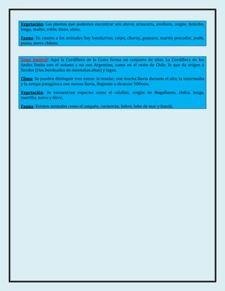 Vegetación: Las plantas que podemos encontrar son alerce, araucaria, avellano, coigüe, helecho,
lenga, mañío, roble, tineo, ulmo.
Fauna: En cuanto a los animales hay bandurrias, coipo, choroy, guanaco, martín pescador, pudú,
puma, zorro chilote.


Zona Austral: Aquí la Cordillera de la Costa forma un conjunto de islas. La Cordillera de los
Andes limita con el océano y no con Argentina, como en el resto de Chile, lo que da origen a
fiordos (ríos bordeados de montañas altas) y lagos.
Clima: Se pueden distinguir tres zonas: la insular, con mucha lluvia durante el año; la intermedia
y la estepa patagónica con menos lluvia, llegando a alcanzar 500mm.
Vegetación: Se encuentran especies como el calafate, coigüe de Magallanes, chilca, lenga,
murtilla, notro y ñirre.
Fauna: Existen animales como el caiquén, cormorán, liebre, lobo de mar y ñandú.
 