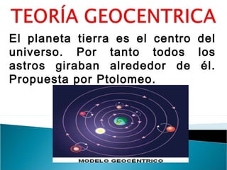 El planeta tierra es el centro del
universo. Por tanto todos los
astros giraban alrededor de él.
Propuesta por Ptolomeo.
 