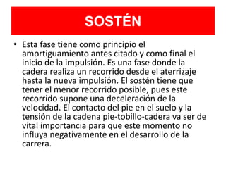SOSTÉN
• Esta fase tiene como principio el
amortiguamiento antes citado y como final el
inicio de la impulsión. Es una fase donde la
cadera realiza un recorrido desde el aterrizaje
hasta la nueva impulsión. El sostén tiene que
tener el menor recorrido posible, pues este
recorrido supone una deceleración de la
velocidad. El contacto del pie en el suelo y la
tensión de la cadena pie-tobillo-cadera va ser de
vital importancia para que este momento no
influya negativamente en el desarrollo de la
carrera.
 