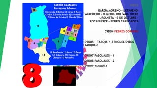 09D03
GARCÍA MORENO - LETAMENDI
AYACUCHO - OLMEDO- BOLÍVAR- SUCRE
URDANETA - 9 DE OCTUBRE -
ROCAFUERTE - PEDRO CARBO-ROCA
09D04 FEBRES CORDERO
09D05 TARQUI- 1,TENGUEL 09D06
TARQUI-2
09D07 PASCUALES - 1
09D08 PASCUALES - 2
09D09 TARQUI-3
 