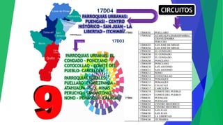 17D03
PARROQUIAS URBANAS: EL
CONDADO - PONCEANO -
COTOCOLLAO - COMITÉ DEL
PUEBLO- CARCELCÉN
PARROQUIAS RURALES:
PUELLARO -CHAVEZPAMBA -
ATAHUALPA - S. J. MINAS -
PERUCHO - SAN ANTONIO -
NONO - POMASQUÍ - CALACALÍ
17D04
PARROQUIAS URBANAS:
PUENGASI - CENTRO
HISTÓRICO - SAN JUAN - LA
LIBERTAD - ITCHIMBÍA
CIRCUITOS
 