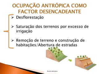  Desflorestação
 Saturação dos terrenos por excesso de
irrigação
 Remoção de terreno e construção de
habitações/Abertura de estradas
 