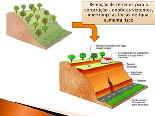 Destruição da cobertura
vegetal– as raízes das árvores
seguram o terreno
Regra excessiva– saturação
dos solos facilita
deslizamento.
Remoção de terrenos para a
construção – expõe as vertentes,
interrompe as linhas de água,
aumenta risco
 