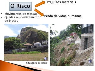 Prejuízos materiais
Perda de vidas humanas
Situações de risco
• Movimentos de massas
• Quedas ou deslizamento
de blocos
 