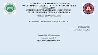 UNIVERSIDAD CENTRAL DEL ECUADOR
FACULTAD DE FILOSOFÍA, LETRAS Y CIENCIAS DE LA
EDUCACIÓN
CARRERA DE PEDAGOGÍA DE LAS CIENCIAS
EXPERIMENTALES, QUÍMICAY BIOLOGÍA
TRABAJO DE INVESTIGACIÓN
SISTEMAS DE LAS ZONAS DE VIDA DE HOLDRIDGE.
INTEGRANTES
León Guañuna Henry Paul
Docente: Msc. Silvia Imbaquingo
Semestre: Segundo A
Quito, 04 DE ENERO DEL 2018
 