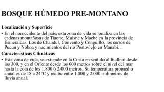 BOSQUE HÚMEDO PRE-MONTANO
Localización y Superficie
• En el noroccidente del país, esta zona de vida se localiza en las
cadenas montañosas de Tiaone, Muisne y Mache en la provincia de
Esmeraldas. Los de Chandul, Convento y Congulllo, los cerros de
Pucun y Noboa y nacimientos del rio Portovle]o en Manabi. .
Características Climáticas
• Esta zona de vida, se extiende en la Costa en sentido altltudlnai desde
los 300, y en el Oriente desde los 600 metros sobre el nivel del mar
hasta la cota de los 1.800 ó 2.000 metros. Su temperatura promedio
anual es de 18 a 24°C y recibe entre 1.000 y 2.000 milímetros de
lluvia anual.
 