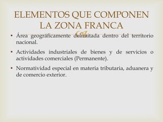 ELEMENTOS QUE COMPONEN
LA ZONA FRANCA



• Área geográficamente delimitada dentro del territorio
nacional.
• Actividades industriales de bienes y de servicios o
actividades comerciales (Permanente).
• Normatividad especial en materia tributaria, aduanera y
de comercio exterior.

 