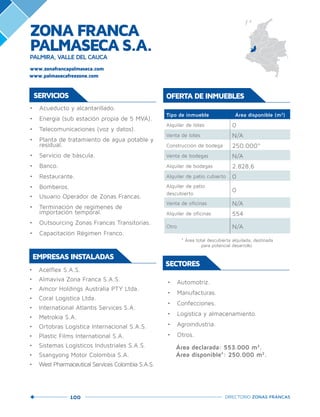 100 DIRECTORIO ZONAS FRANCAS
•	 Acelflex S.A.S.
•	 Almaviva Zona Franca S.A.S.
•	 Amcor Holdings Australia PTY Ltda.
•	 Coral Logística Ltda.
•	 International Atlantis Services S.A.
•	 Metrokia S.A.
•	 Ortobras Logística Internacional S.A.S.
•	 Plastic Films International S.A.
•	 Sistemas Logísticos Industriales S.A.S.
•	 Ssangyong Motor Colombia S.A.
•	 West Pharmaceutical Services Colombia S.A.S.
EMPRESAS INSTALADAS
SERVICIOS
•	 Acueducto y alcantarillado.
•	 Energía (sub estación propia de 5 MVA).
•	 Telecomunicaciones (voz y datos).
•	 Planta de tratamiento de agua potable y
residual.
•	 Servicio de báscula.
•	 Banco.
•	 Restaurante.
•	 Bomberos.
•	 Usuario Operador de Zonas Francas.
•	 Terminación de regímenes de
importación temporal.
•	 Outsourcing Zonas Francas Transitorias.
•	 Capacitación Régimen Franco.
SECTORES
•	 Automotriz.
•	 Manufacturas.
•	 Confecciones.
•	 Logística y almacenamiento.
•	 Agroindustria.
•	 Otros.
Área declarada: 553.000 m2
.
Área disponible*: 250.000 m2
.
OFERTA DE INMUEBLES
Tipo de inmueble Área disponible (m2
)
Alquiler de lotes 0
Venta de lotes N/A
Construcción de bodega 250.000*
Venta de bodegas N/A
Alquiler de bodegas 2.828,6
Alquiler de patio cubierto 0
Alquiler de patio
descubierto
0
Venta de oficinas N/A
Alquiler de oficinas 554
Otro N/A
* Área total descubierta alquilada, destinada
para potencial desarrollo.
ZONA FRANCA
PALMASECAS.A.PALMIRA, VALLE DEL CAUCA
www.palmasecafreezone.com
www.zonafrancapalmaseca.com
 