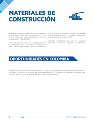 106 DIRECTORIO ZONAS FRANCAS
MATERIALES DE
CONSTRUCCIÓN
El sector de la construcción ha sido el de mayor crecimiento
en los últimos dos años, con un promedio de 10,7%. En
2014, el PIB en obras civiles se incrementó 12% y el de
edificaciones 7,4% (DANE, 2013).
Colombia es el tercer mercado más grande de construcción
en América Latina (USD 33 mil millones, 2013) después de
Brasil y México. Según Business Monitor, se espera que a
2020 la industria de materiales de construcción duplique
su tamaño, pasando de USD 28 mil millones a USD 52 mil
millones (crecimiento del 8,5% CAGR).
Importantes multinacionales del sector han establecido
operaciones en el país como: Lafarge, Holcim y Saint Gobain.
OPORTUNIDADES EN COLOMBIA
Montaje de plantas de producción de cemento, productos cerámicos, yeso y prefabricados para abastecer el mercado local.
Se proyecta que el sector de la construcción demandará más de USD 13 mil millones en materiales para la construcción
(cemento, hormigón, vidrio, artículos de cerámica no estructurales, entre otros).
 
