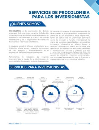 11PROCOLOMBIA.CO
SERVICIOS DE PROCOLOMBIA
PARA LOS INVERSIONISTAS
PROCOLOMBIA es la organización del Estado
encargada de la promoción comercial de Colombia
como destino de la inversión extranjera directa, de
la inversión colombiana en el exterior, del turismo
internacional y de la exportación de bienes no
tradicionales y servicios colombianos.
A través de su red de oficinas en el exterior y en
Colombia, ofrece apoyo y asesoría, información
de valor agregado y acompañamiento en la
exploración de oportunidades comerciales.
Fomentamos la realización de negocios
internacionales a través de la identificación de
oportunidades de mercado, el diseño de estrategias
de penetración en estos, la internacionalización de
las empresas, el acompañamiento en el diseño de
planes de acción, el contacto entre empresarios,
tanto en actividades de promoción comercial
como de inversión y turismo internacional; la
oferta de servicios especializados a empresarios
extranjeros interesados en adquirir bienes y
servicios colombianos o invertir en Colombia, y la
realización de alianzas con entidades nacionales
e internacionales privadas y públicas que nos
permitan ampliar la disponibilidad de recursos para
apoyar las diferentes iniciativas empresariales,
que promueve la organización para el desarrollo y
mejoramiento de su portafolio de servicios.
SERVICIOS PARA INVERSIONISTAS
Páginas web
especializadas
Aplicación
Invest in Colombia
Aplicación
Invest in
Colombia
Docs.
Ruedas
de inversión
Seminaros de
Colombia en el
exterior
Información Acompañamiento
Eventos promocionales
Divulgación en
medios
Agendas y visitas
en Colombia
SIFAI
Sistema de
Facilitación para la
Atracción de Inversión
Apoyo y
seguimiento al
inversionista
instalado
Preparación
de información
a lamedida
APRI’SBrochure, guía legal para
hacer negocios, directorio
de Zonas Francas, directorio
de servicios, noticias de casos
y anuncios, newsletters
¿QUIÉNES SOMOS?
 