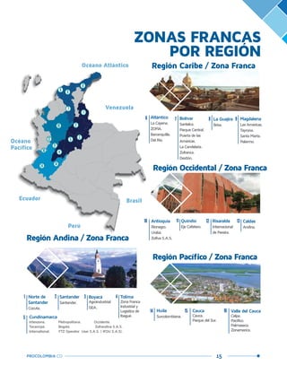 15PROCOLOMBIA.CO
Océano Atlántico
Venezuela
Brasil
Perú
Ecuador
Océano
Pacífico
6
7
9
10
12
1414
11
8
1
2
3
4
5
ZONAS FRANCAS
POR REGIÓN
Región Occidental / Zona Franca
9
Antioquia
Rionegro.
Urabá.
Zofiva S.A.S.
11 Quindío
Eje Cafetero.
Región Andina / Zona Franca
Norte de
Santander
Cúcuta.
Santander
Santander.
Boyacá
Agroindustrial
GEA.
Región Pacífico / Zona Franca
Región Caribe / Zona Franca
Atlántico
La Cayena.
ZOFIA.
Barranquilla.
Del Río.
6 Bolívar
Santelca.
Parque Central.
Puerta de las
Américas.
La Candelaria.
Zofranca.
Dextón.
7 La Guajira
Brisa.
8 Magdalena
Las Américas.
Tayrona.
Santa Marta.
Palermo.
Caldas
Andina.
13Risaralda
Internacional
de Pereira.
12
Cauca
Cauca.
Parque del Sur.
Huila
Surcolombiana.
Valle del Cauca
Celpa.
Pacífico.
Palmaseca.
Zonameríca.
Tolima
Zona Franca
Industrial y
Logística de
Ibagué.Cundinamarca
Intexzona. Metropolitana. Occidente.
Tocancipá. Bogotá. 	 Zofrandina S.A.S.
International. FTZ Operator User S.A.S. ( IFOU S.A.S).
16
10
14 15 16
1
5
2 3 4
 