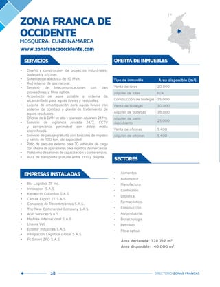 28 DIRECTORIO ZONAS FRANCAS
•	 Blu Logistics ZF Inc.
•	 Innovapor S.A.S.
•	 Kenworth Colombia S.A.S.
•	 Centak Export ZF S.A.S.
•	 Consorcio de Revestimientos S.A.S.
•	 The New Commercial Company S.A.S.
•	 AGP Services S.A.S.
•	 Medirex Internacional S.A.S.
•	 Lhaura Vet
•	 Ecostor Industries S.A.S.
•	 Integración Logística Global S.A.S.
•	 Pc Smart ZFO S.A.S.
EMPRESAS INSTALADAS
SERVICIOS
•	 Diseño y construcción de proyectos industriales;
bodegas y oficinas.
•	 Subestación eléctrica de 10 MVA.
•	 Red interna de gas natural.
•	 Servicio de telecomunicaciones con tres
proveedores y fibra óptica.
•	 Acueducto de agua potable y sistema de
alcantarillado para aguas lluvias y residuales.
•	 Laguna de amortiguación para aguas lluvias con
sistema de bombeo y planta de tratamiento de
aguas residuales.
•	 Oficinas de la DIAN en sitio y operación aduanera 24 hrs.
•	 Servicio de vigilancia privada 24/7, CCTV
y cerramiento perimetral con doble malla
electrificada.
•	 Servicio de pesaje gratuito con básculas de ingreso
y salida de 100 ton. de capacidad.
•	 Patio de parqueo externo para 70 vehículos de carga
con oficina de operaciones para registros de mercancía.
•	 Préstamodesalonesdecapacitaciónyconferencias.
•	 Ruta de transporte gratuita entre ZFO y Bogotá.
•	 Alimentos.
•	 Automotriz.
•	 Manufactura.
•	 Confección.
•	 Logística.
•	 Farmacéutico.
•	 Construcción.
•	 Agroindustria.
•	 Biotecnología.
•	 Petrolero.
•	 Fibra óptica.
Área declarada: 328.717 m2
.	
Área disponible: 40.000 m2
.
OFERTA DE INMUEBLES
Tipo de inmueble Área disponible (m2
)
Venta de lotes 20.000
Alquiler de lotes N/A
Construcción de bodegas 35.000
Venta de bodegas 30.000
Alquiler de bodegas 38.000
Alquiler de patio
descubierto
25.000
Venta de oficinas 5.400
Alquiler de oficinas 5.400
ZONA FRANCA DE
OCCIDENTE
MOSQUERA, CUNDINAMARCA
www.zonafrancaoccidente.com
SECTORES
 