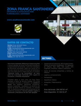 29PROCOLOMBIA.CO
DATOS DE CONTACTO
www.zonafrancasantander.com
Nombre: Nívea Santarelli Franco
Cargo: Gerente General
E-mail: nsantarelli@zonafrancasantander.com
Teléfono: +57 318 712 9432
Nombre: Dalia Sepúlveda Galindo
Cargo: Directora Comercial
E-mail: dsepulveda@zonafrancasantander.com
Teléfono: +57 318 716 7771
Zona Franca Santander Offshoring & Outsourcing Park
y usuario operador de Zonas Francas está localizada en
el departamento de Santander, centro Geo-estratégico
del Nororiente colombiano, región que cuenta con un
mercado natural de más de 15 millones de habitantes y
nodo articulador entre el interior del país y el proyecto
“Diamante Caribe y los Santanderes”, así como
parte de la estrategia “Santander LIFE: Lugares de
Innovación y Fomento Empresarial”.
Concebida desde su inicio como una Zona Franca
orientada al Sector de Servicios Globales, ZFS brinda
a empresas nacionales y extranjeras una plataforma
idónea para establecer operaciones competitivas,
globales y sostenibles, accediendo a los beneficios del
régimen de Zonas Francas en Colombia y al mercado
local. Su dinámica de operación está concentrada en tres
plataformas estratégicas: Servicios globales Logística y
distribución y Manufactura de alto valor agregado.
•	 OperacionesdeOutsourcing:BPO(ContactCenters,
Centros de servicios compartidos), ITO (desarrollo
de Software, Back Office, Data Center), KPO
(ingeniería, consultoría, robótica y electrónica).
•	 Centro de servicios compartidos y Centros de
Offshore.
•	 Logística y almacenamiento.
•	 Farmacéutico.
•	 Dispositivos médicos.
•	 Autopartes / Metalmecánica.
•	 Otros.
Área declarada: 294.397.81 m2
.
Área disponible: 41.126,16 m2
.
SECTORES
ZONAFRANCASANTANDER
OFFSHORING & OUTSOURCING PARK
FLORIDABLANCA, SANTANDER
Floridablanca,Santander.
 