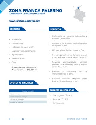 60 DIRECTORIO ZONAS FRANCAS
SERVICIOS
•	 Calificación de usuarios industriales y
usuarios comerciales.
•	 Asesoría a los usuarios calificados sobre
el régimen franco.
•	 Oficinas administrativas y para la DIAN.
•	 Software para el manejo de los inventarios
y para las operaciones de comercio exterior.
•	 Servicios administrativos, servicios
públicos, sistema de seguridad y amplias
zonas de parqueo.
•	 Básculas y maquinaria para la
manipulación de la carga.
•	 Servicios logísticos integrales desde
Palermo Puerto Multipropósito.
SECTORES
•	 Automotriz.
•	 Manufacturas.
•	 Materiales de construcción.
•	 Logística y almacenamiento.
•	 Agroindustrial.
•	 Metalmecánico.
•	 Otros.
Área declarada: 300.000 m2
.	
Área disponible: 240.000 m2
.
OFERTA DE INMUEBLES
Tipo de inmueble
Alquiler de lotes
Construcción de bodegas
Alquiler de bodegas
Alquiler de oficinas
•	 Elite Logistics ZF S.A.S.
•	 Alcomex ZF S.A.S.
•	 Servialcomex
EMPRESAS INSTALADAS
www.zonafrancapalermo.com
ZONA FRANCA PALERMOCORREGIMIENTO DE PALERMO, MAGDALENA
 
