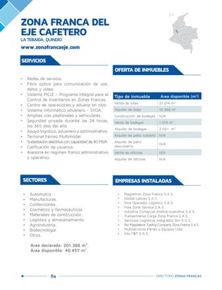 84 DIRECTORIO ZONAS FRANCAS
•	 Magnetron Zona Franca S.A.S.
•	 Global Latices S.A.S.
•	 Viva Operador Logístico S.A.S.
•	 Free Zone Service S.A.S.
•	 Industria Comercial Andina Icoandina S.A.S.
•	 Transarmenia Carga Zona Franca S.A.S.
•	 Servicios Logísticos Integrados Slin S.A.S.
•	 Rio Magdalena Trading Company Zona Franca S.A.S.
•	 Multiservicios Partes y Equipos Ltda.
•	 Silo T&T S.A.S.
EMPRESAS INSTALADAS
SERVICIOS
•	 Redes de servicio.
•	 Fibra óptica para comunicación de voz,
datos y video.
•	 Sistema PICIZ – Programa Integral para el
Control de Inventarios en Zonas Francas.
•	 Centro de operaciones y aduana en sitio.
•	 Sistema informático aduanero - SYGA.
•	 Amplias vías peatonales y vehiculares.
•	 Seguridad privada durante las 24 horas,
los 365 días del año.
•	 Apoyo logístico, aduanero y administrativo.
•	 Terminal Férreo Multimodal.
•	 Subestacióneléctricaconcapacidadde40MVA.
•	 Calificación de usuarios.
•	 Asesoría en régimen franco administrativo
y operativo.
SECTORES
•	 Automotriz.
•	 Manufacturas.	
•	 Confecciones.
•	 Cosmético y farmacéuticos.	
•	 Materiales de construcción.
•	 Logística y almacenamiento.
•	 Agroindustria.	
•	 Biotecnología.
•	 Otros.
Área declarada: 201.366 m².
Área disponible: 40.457 m².
Tipo de inmueble Área disponible (m2
)
Venta de lotes 21.014 m2
Alquiler de lotes 16.366 m2
Construcción de bodegas N/A
Venta de bodegas 1.016 m2
Alquiler de bodegas 2.061 m2
Alquiler de patio cubierto N/A
Alquiler de patio
descubierto
N/A
Venta de oficinas N/A
Alquiler de oficinas N/A
OFERTA DE INMUEBLES
www.zonafrancaeje.com
ZONA FRANCA DEL
EJE CAFETERO
LA TEBAIDA, QUINDÍO
 
