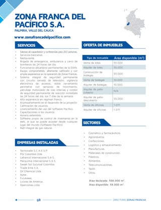 98 DIRECTORIO ZONAS FRANCAS
•	 Termovalle S.C.A.E.S.P.
•	 PGI Colombia Ltda.
•	 Lafrancol Internacional S.A.S.
•	 Merquimia Internacional S.A.S.
•	 Sweet Sol Sucursal Colombia.
•	 Triada Ema S.A.
•	 Oil Chemical Ltda.
•	 Aptar.
•	 Furukawa.
•	 Licores de América.
•	 Opercomex Ltda.
EMPRESAS INSTALADAS
SERVICIOS
•	 Salones de capacitación y conferencias para 200 personas.
•	 Servicios bancarios.
•	 Restaurante.
•	 Brigada de emergencia, ambulancia y carro de
bomberos las 24 horas del día.
•	 Funcionarios aduaneros permanentes de la DIAN.
•	 Equipo comprometido, altamente caliﬁcado y con
amplia experiencia en la operación de Zonas Francas.
•	 Sistema integral de seguridad permanente
con circuito cerrado de televisión, vigilancia
electrónica de accesos, doble cerramiento
perimetral con sensores de movimiento,
patrullaje motorizado de vías internas y cordón
de seguridad permanente de reacción inmediata
las 24 horas del día, los 7 días de la semana.
•	 Alta experiencia en régimen franco.
•	 Acompañamiento en el desarrollo de su proyecto.
•	 Caliﬁcación de usuarios.
•	 Licenciamiento del uso del Software Pacíﬁco.
•	 Capacitaciones a los usuarios.
•	 Horario extendido.
•	 Software propio de control de inventarios en la
web, al que se puede acceder desde cualquier
lugar del mundo (Software Pacíﬁco).
•	 Red integral de gas natural.
SECTORES
•	 Cosmético y farmacéuticos.
•	 Agroindustria.
•	 Confecciones.
•	 Logística y almacenamiento.
•	 Manufacturas.
•	 Materiales de construcción.
•	 Plásticos.
•	 Alimentos.
•	 Telecomunicaciones.
•	 Textil.
•	 Otros.
Área declarada: 556.000 m2
.
Área disponible: 55.000 m2
.
OFERTA DE INMUEBLES
Tipo de inmueble Área disponible (m2
)
Venta de lotes 55.000
Alquiler de lotes 55.000
Construcción de
bodegas
55.000
Venta de bodegas 10.000
Alquiler de bodegas 10.000
Alquiler de patio
cubierto
N/A
Alquiler de patio
descubierto
55.000
Venta de oficinas 1.071
Alquiler de oficinas 1.071
ZONA FRANCA DEL
PACÍFICO S.A.PALMIRA, VALLE DEL CAUCA
www.zonafrancadelpacifico.com
 