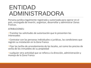 ENTIDAD
ADMINISTRADORA
Persona jurídica legalmente registrada y autorizada para operar en el
país, encargada de invertir, organizar, desarrollar y administrar Zonas
Francas.
ATRIBUCIONES:
oTramitar las solicitudes de autorización que le presenten los
interesados
oContratar con las personas individuales o jurídicas, las condiciones que
regirán su instalación en la Zona Franca
oFijar las tarifas de arrendamiento de los locales, así como los precios de
venta de los inmuebles de su propiedad
ocualquier otra actividad que se refiera a la dirección, administración y
manejo de la Zona Franca
 