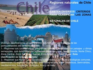 Diversas clasificaciones de las regiones naturales han dado cuenta de las particularidades del territorio de Chile : 1.- Regiones con características geográficas comunes, asociadas con paisajes  y climas semejantes, que determinan las siguientes zonas naturales; Norte Grande, Norte Chico, Zona Central, Zona Sur, Zona Austral, Zona Antártica y Zona Insular.  Esta   clasificación es la mas aceptada. 2.- Regiones que tienen Características Ambientales, Climáticas y Biológicas comunes, determinan 15 regiones Ecológicas;  insertadas en los Climas Desérticos, Semi-áridos, mediterráneos, templados. Lluviosos, fríos y de hielo Regiones naturales  de Chile EXISTEN DIVERSOS   CRITERIOS  PARA  CLASIFICAR   LAS  ZONAS  NATURALES DE CHILE 