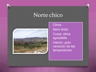 Norte chico
O Clima:
O Semi árido
O Costa: clima
agradable
O Interior: gran
variación de las
temperaturas.
 