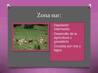 Zona sur:
O Depresión
intermedia:
O Desarrollo de la
agricultura y
ganadería
O Cruzada por ríos y
lagos.
 