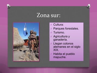 Zona sur:
O Cultura:
O Parques forestales.
O Turismo.
O Agricultura y
ganadería.
O Llegan colonos
alemanes en el siglo
XIX.
O Habita el pueblo
mapuche.
 