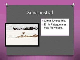 Zona austral
O Clima lluvioso-frio.
O En la Patagonia es
más frio y seco.
 