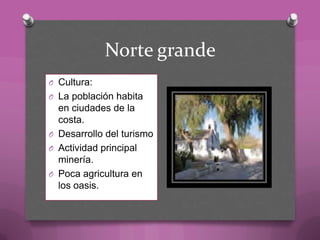 Norte grande
O Cultura:
O La población habita
en ciudades de la
costa.
O Desarrollo del turismo
O Actividad principal
minería.
O Poca agricultura en
los oasis.
 