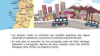 • Los paisajes rurales se combinan con ciudades populosas que siguen
atrayendo a la población y concentran la actividad industrial del país.
• En esta zona se concentra las tres principales urbes de Chile: Santiago,
Valparaíso y Concepción, además de otras ciudades como: San Antonio,
Rancagua, Talca, Chillán, Los Ángeles y Curicó.
 
