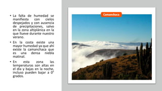 • La falta de humedad se
manifiesta con cielos
despejados y con ausencia
de precipitaciones, salvo
en la zona altiplánica en la
que llueve durante nuestro
verano.
• En la costa existe una
mayor humedad ya que ahí
existe la camanchaca que
es una densa niebla
matinal.
• En esta zona las
temperaturas son altas en
el día y bajas en la noche,
incluso pueden bajar a 0°
grados.
 