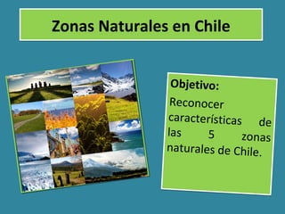Zonas Naturales en ChileZonas Naturales en Chile
Objetivo:
Reconocer
características de
las 5 zonas
naturales de Chile.
Objetivo:
Reconocer
características de
las 5 zonas
naturales de Chile.
 