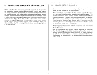4.     GAMBLING PREVALENCE INFORMATION                                                        4.1.   HOW TO READ THE CHARTS

                                                                                               1. Student responses for questions on gambling and gambling behaviors are re-
OASAS is the New York State agency principally responsible for the prevention                     ported by grade groupings on the following pages.
and treatment of substance use and gambling problems. OASAS, New York City
and county governments, school districts and prevention service providers, develop             2. Actual percentages are provided in the data tables in Appendix F on page
and implement policies, plans and services to address substance use and gambling                  74. The tables provide percentage ﬁgures for county and zone 4 level. The
problems. A series of questions were developed for the OASAS 2006 School Survey                   headers represent the various gambling activities and the percentage ﬁgures
to address and measure various gambling activities. Students were asked to respond                represent the percent of students who responded positively to the question.
with the number of days, if any, that they had participated in various gambling                   For example, suppose that for a speciﬁc gambling behavior, the percentage
activities. All the gambling questions, with one exception, refer to activity measured            ﬁgure for the line ”Combined” and ”County” is 10.5. That means that 10.5
over the past year. The one exception measures activity over the past 30 days. The                percent of all surveyed students in the county responded that they had engaged
tables that follow detail the percentage of students who reported engaging in any                 in that behavior at least once in the past year.
of the listed activities.
                                                                                               3. The bars represent the percent of students’ grade groups levels who reported
                                                                                                  gambling behaviors.

                                                                                               4. Bars are complemented by a red dash. The red dash shows the comparison
                                                                                                  from the highest aggregate level (i.e. usually county for a school report) and
                                                                                                  provides additional information for you in determining the relative importance
                                                                                                  of each risk or protective factor. If present, a yellow diamond shows the
                                                                                                  comparison of the aggregate that is the next level down (usually district for a
                                                                                                  school report).




                                                                                         27
 