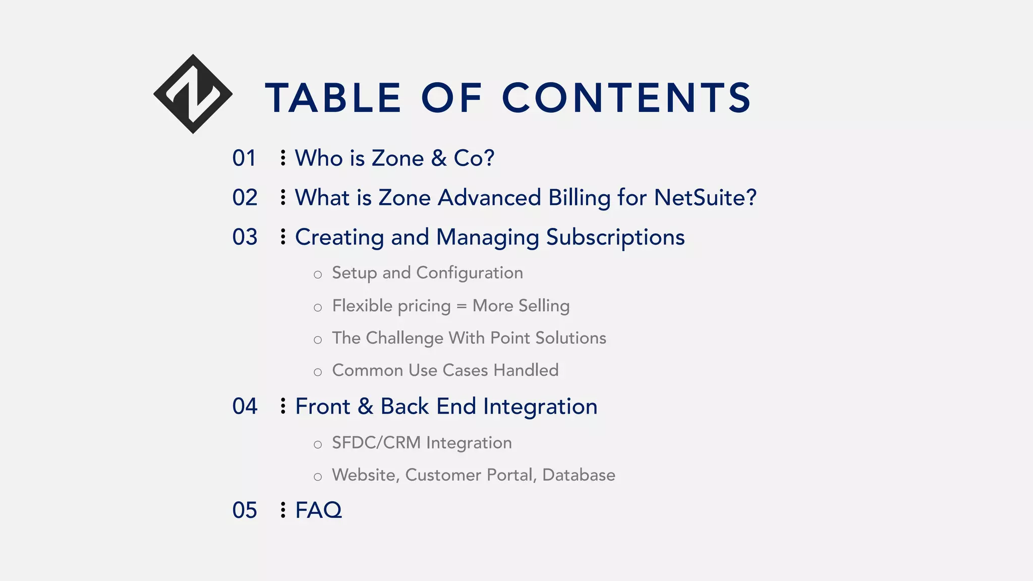 TABLE OF CONTENTS
Who is Zone & Co?
What is Zone Advanced Billing for NetSuite?
Creating and Managing Subscriptions
o Setup and Configuration
o Flexible pricing = More Selling
o The Challenge With Point Solutions
o Common Use Cases Handled
Front & Back End Integration
o SFDC/CRM Integration
o Website, Customer Portal, Database
FAQ
01
02
03
04
05
 