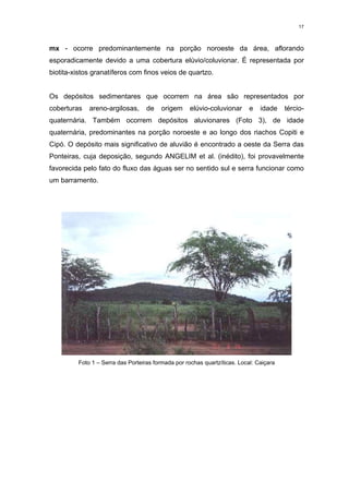 17



mx - ocorre predominantemente na porção noroeste da área, aflorando
esporadicamente devido a uma cobertura elúvio/coluvionar. É representada por
biotita-xistos granatíferos com finos veios de quartzo.


Os depósitos sedimentares que ocorrem na área são representados por
coberturas   areno-argilosas,      de    origem     elúvio-coluvionar      e   idade    tércio-
quaternária. Também ocorrem depósitos aluvionares (Foto 3), de idade
quaternária, predominantes na porção noroeste e ao longo dos riachos Copiti e
Cipó. O depósito mais significativo de aluvião é encontrado a oeste da Serra das
Ponteiras, cuja deposição, segundo ANGELIM et al. (inédito), foi provavelmente
favorecida pelo fato do fluxo das águas ser no sentido sul e serra funcionar como
um barramento.




         Foto 1 – Serra das Porteiras formada por rochas quartzíticas. Local: Caiçara
 