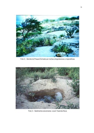 18




Foto 2 – Serrote do Praquió formado por rochas ortognáissicas e migmatíticas




           Foto 3 – Sedimentos aluvionares. Local: Fazenda Nova
 