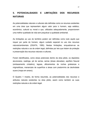 27




5.   POTENCIALIDADES                E     LIMITAÇÕES          DOS      RECURSOS
NATURAIS


As potencialidades naturais e culturais são definidas como os recursos existentes
em uma área que representem algum valor para o homem, seja estético,
econômico, cultural ou moral e que, utilizados adequadamente, proporcionem
uma melhor qualidade de vida sem prejudicar a qualidade ambiental.


As limitações ao uso do território podem ser definidas como tudo aquilo que
requer por parte do homem, algum cuidado especial no uso dos recursos
naturais/ambientais (OGATA, 1995). Nestas limitações, enquadram-se as
restrições naturais e as de ordem legal, definidas por leis que tratam da proteção
e preservação dos recursos naturais e culturais.


Foram identificados, como áreas potenciais dentro da área piloto, os depósitos
aluvionares, caatinga, pé de serras, serras (áreas elevadas), aqüífero fissural
(embasamento     cristalino),   lagoas,   afloramentos   de   rochas   gnáissicas   e
migmatíticas, mananciais de superfície e áreas com predomínio de declividade
suave (mapa em anexo).


O Quadro 1 mostra, de forma resumida, as potencialidades dos recursos e
atributos naturais existentes na área piloto, assim como também as suas
restrições naturais e de ordem legal.
 